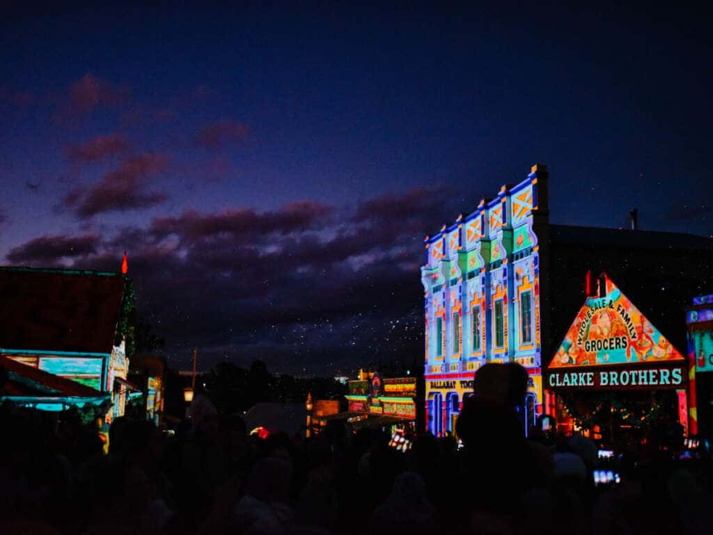 Projections displayed on the buildings at Sovereign Hill during Winter Wonderlights.