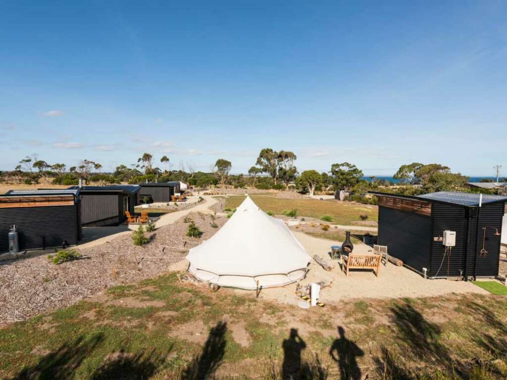 An aerial view of The Inverloch Glamping Co in Inverloch, Victoria.
