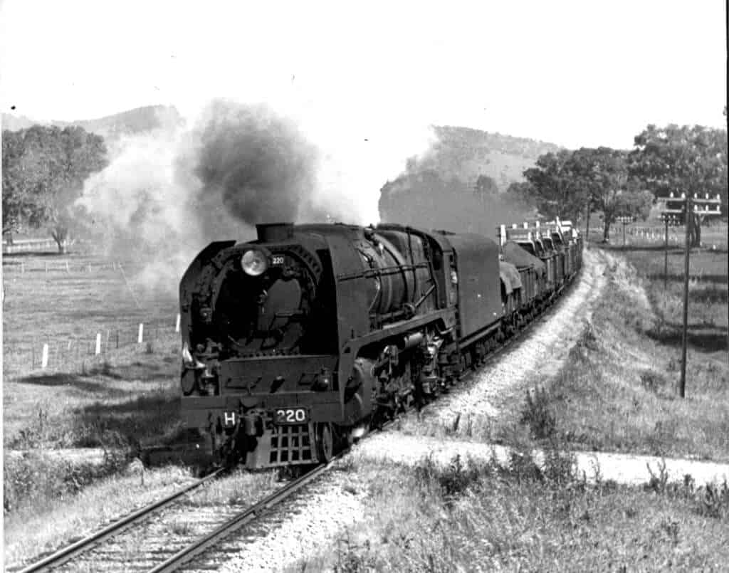 Victorian Railways H220 'Heavy Harry' at work on the Melbourne to Albury railway line.